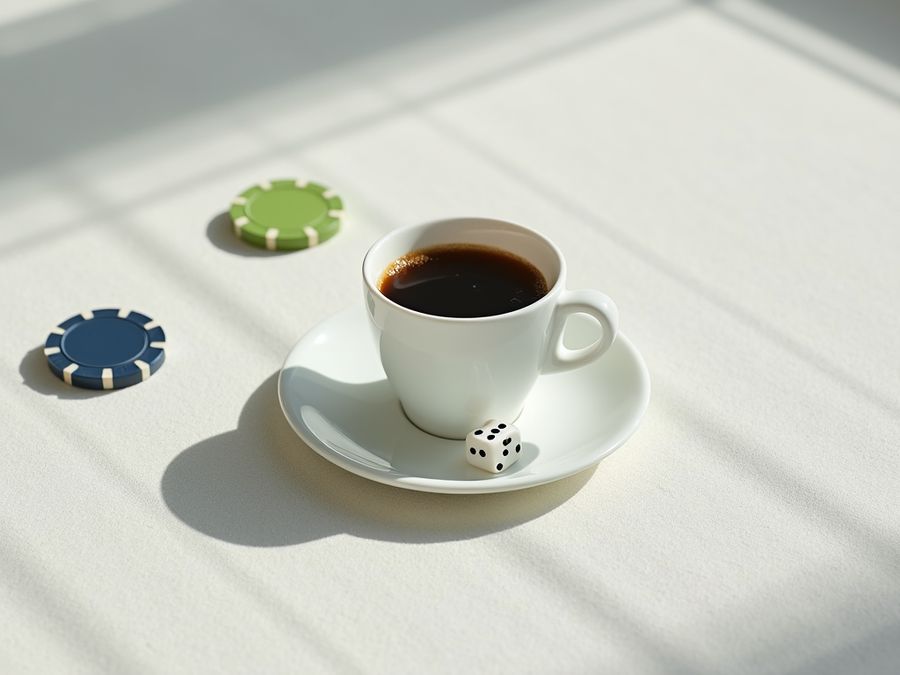Espresso valkoisessa kupissa, kaksi noppaa ja pelimerkki vaalealla huovalla