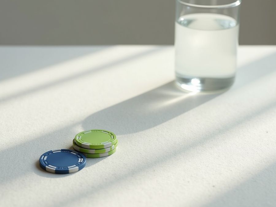 Huopapöytä, pelimerkit työnnetty sivuun ja lasi vettä keskellä