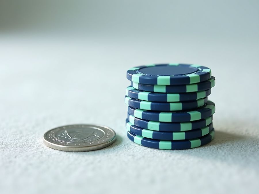 Pino kolikoita ja korkeampi pino pelimerkkejä vaalealla huovalla
